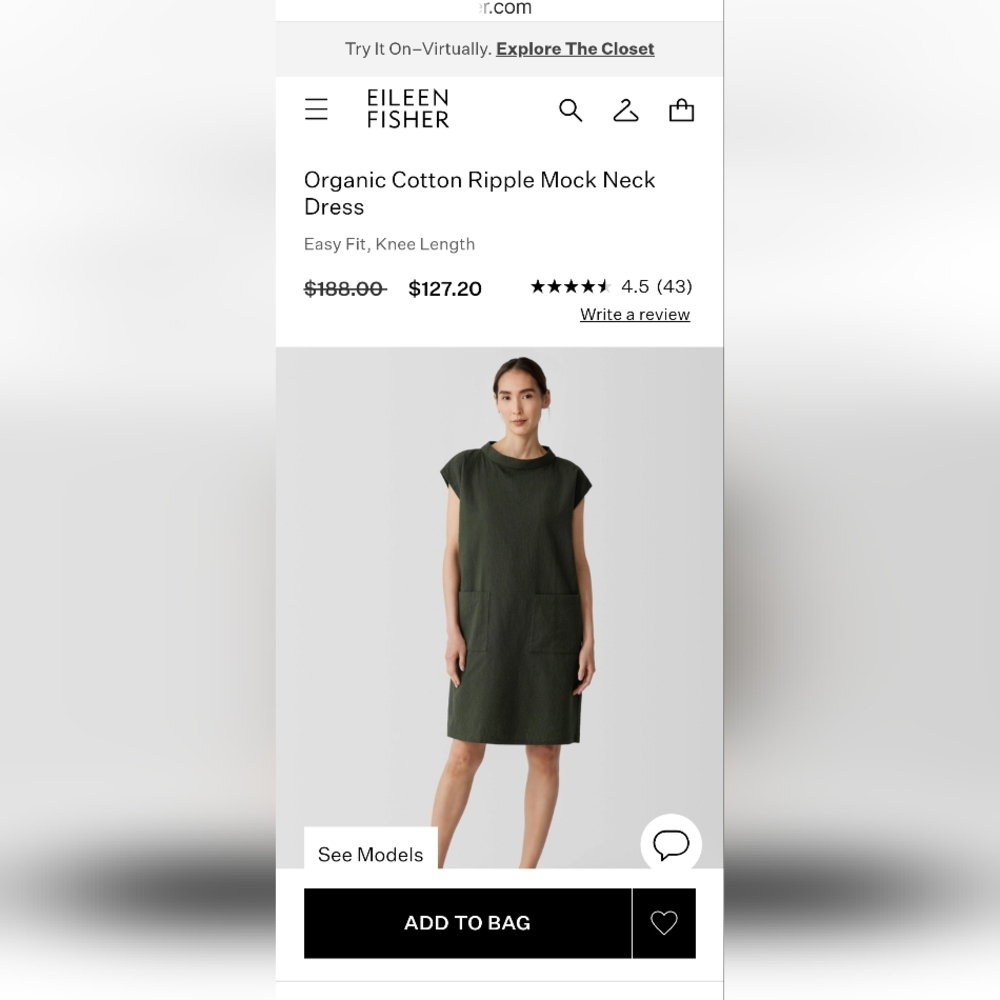 Eileen Fisher Organic Cotton Ripple Mock Neck Dress, Large